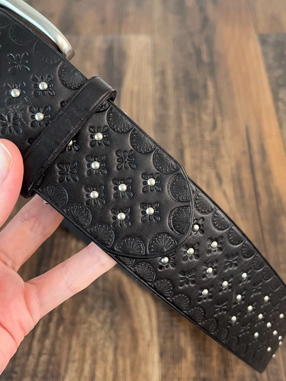 Lauren Ralph Lauren Embossed Leather Belt Studded Edgy Womens Size Medium Black
